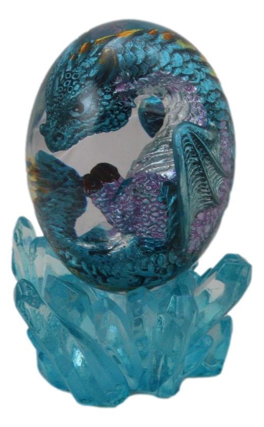 Blue Fossil Dragon Hatchling Sleeping in Faux Crystal Acrylic Glass Egg Figurine