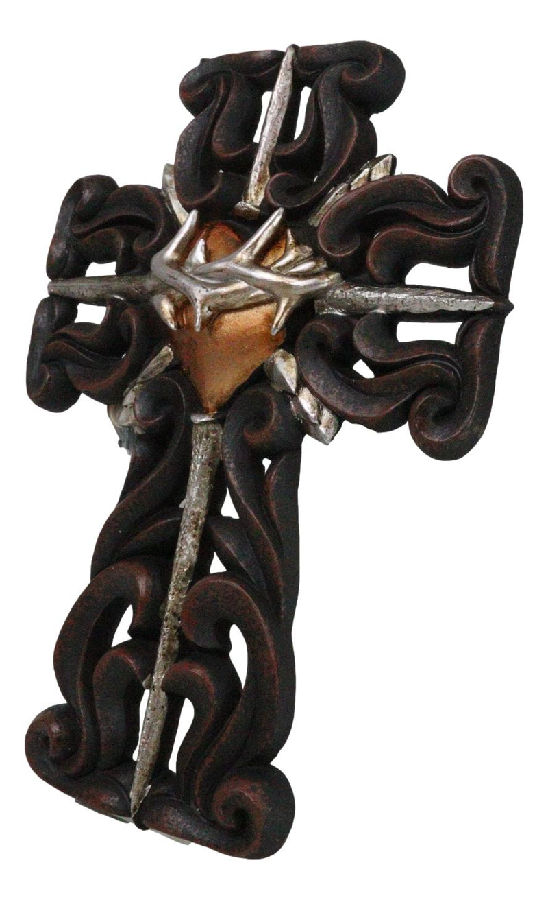 Rustic Sacred Heart Crown of Thorns And Spike Nails Faux Wooden Wall Cross Decor