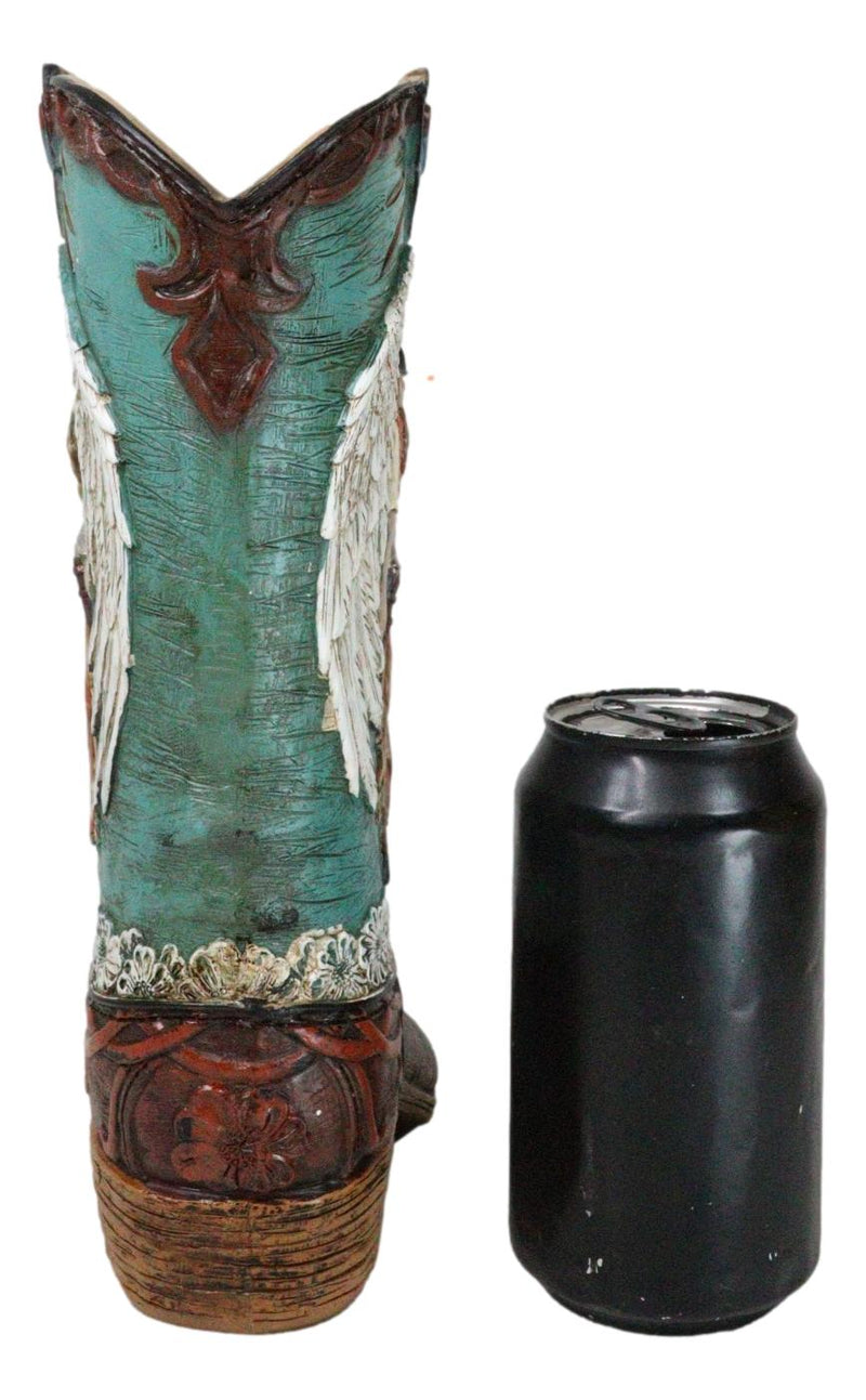 Western Turquoise Heart Cross Angel Winged Cowgirl Faux Leather Boot Vase Decor