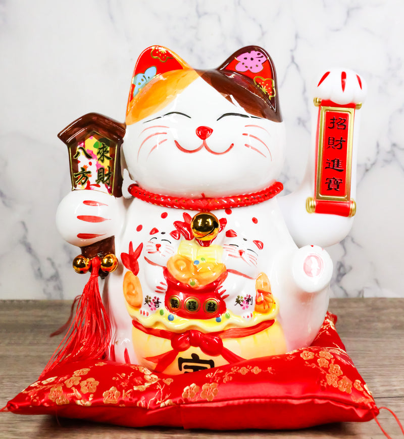 Japanese Lucky Charm White Beckoning Cat Maneki Neko With Waving Arm Figurine 9"