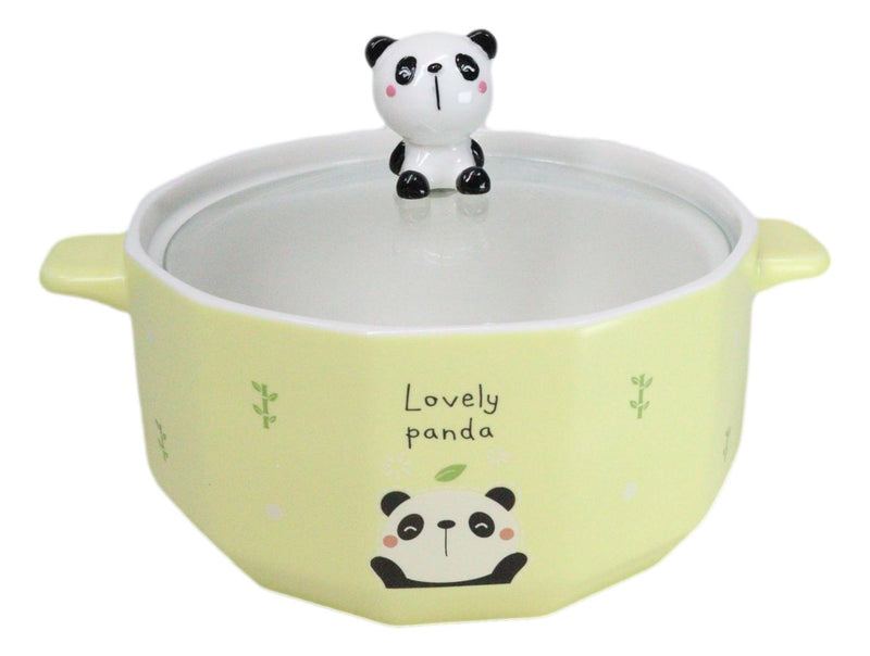 Ceramic Yellow Lovely Panda 30oz Noodle Dessert Food Bowl W/ Glass Lid