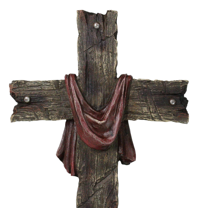 Faux Distressed Wood Scarlet Robe With Rose Of Sharon Standing Cross On Rocks