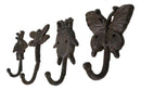 Cast Iron Rustic Bee Ladybug Butterfly and Dragonfly Bugs Wall Hooks Set Of 4