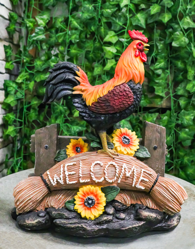 Ebros Large Country Chicken Rooster On Wooden Fence With Sunflowers Welcome Statue