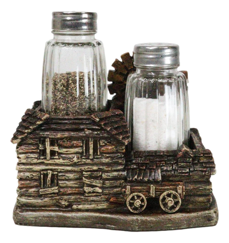 Western Farmhouse Barn With Windmill And Wagon Salt Pepper Shakers Holder Set