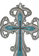 Southwestern Silver Fleur De Lis Scroll Art With Layered Turquoise Wall Cross