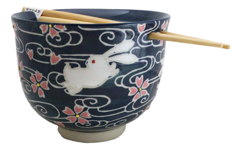 White Rabbit With Sakura Blossoms Ceramic Donburi Ramen Bowl With Chopsticks Set