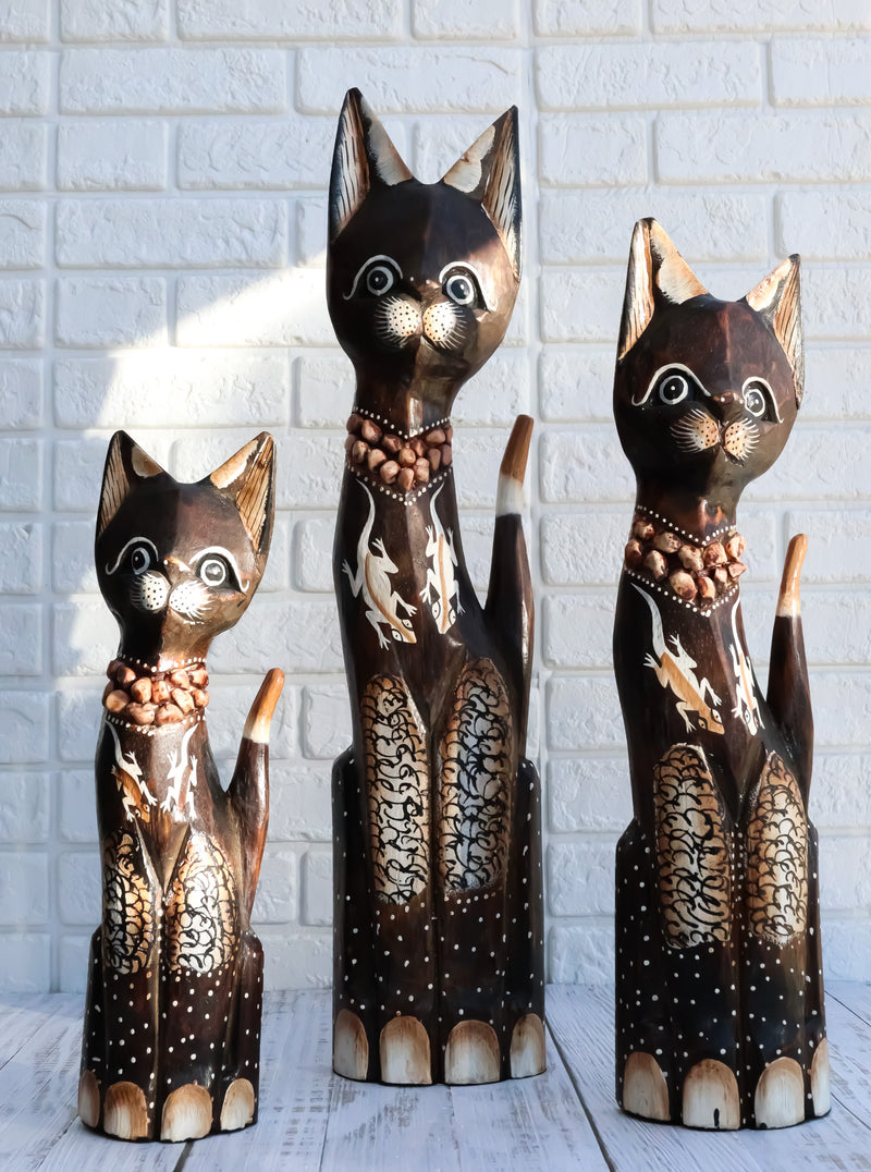 Balinese Wood Handicraft Gecko Tattoo Feline Cat Family Set of 3 Figurines 20"H