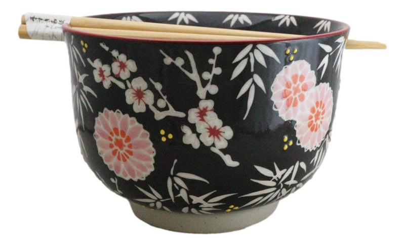 Black Blossoms Floral Design Large 24Oz Donburi Ramen Bowl With Chopsticks Set