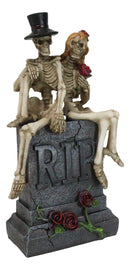 Gothic Skeleton Bridal Couple Sitting On Grave Tombstone With Red Roses Figurine