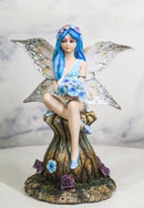 Blue Pansy Flower Fairy With Butterfly Wings Sitting On Mushroom Figurine 7"H