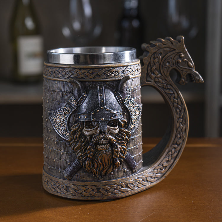 Viking Berserker Skull With Horned Helmet And Axes Dragon Longship Large Mug