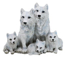 Winter Snow White Wolf Mother And Father Sitting With 3 Cubs Family Figurine