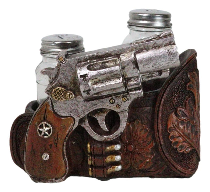 Old World Western Cowboy Gun Faux Leather Holster Salt Pepper Shakers Holder Set