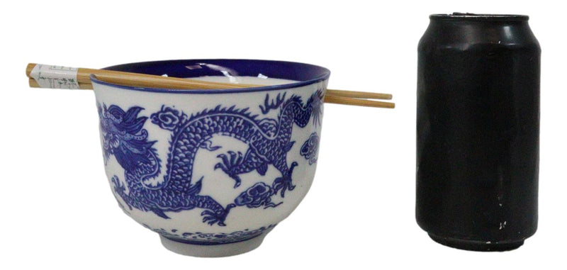 Blue White Oriental Dragon King Ceramic Donburi Ramen Bowl With Chopsticks Set