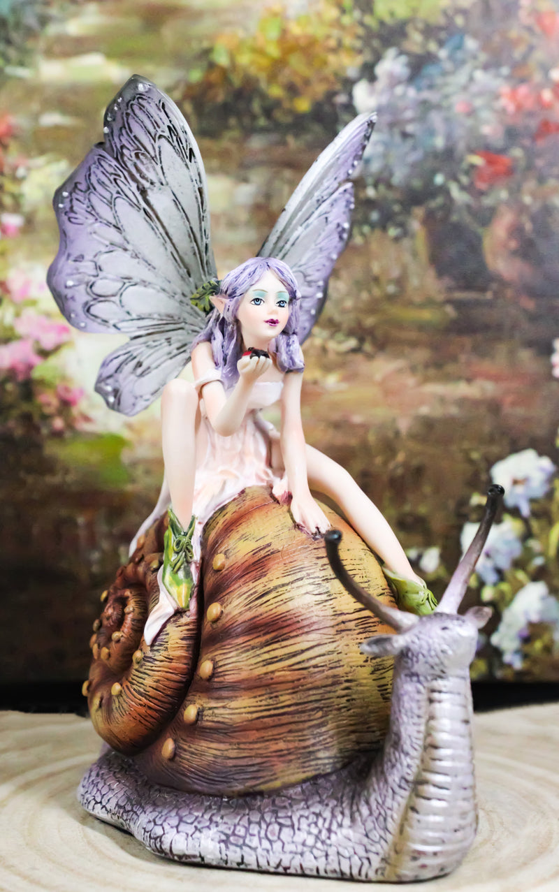 Fantasy Purple Elf Pixie Fairy Ladybug Sitting On Giant Snail Mollusk Figurine