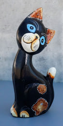 Balinese Wood Handicrafts Adorable Dazed Blue Eyed Feline Cat Figurine 7.25"H