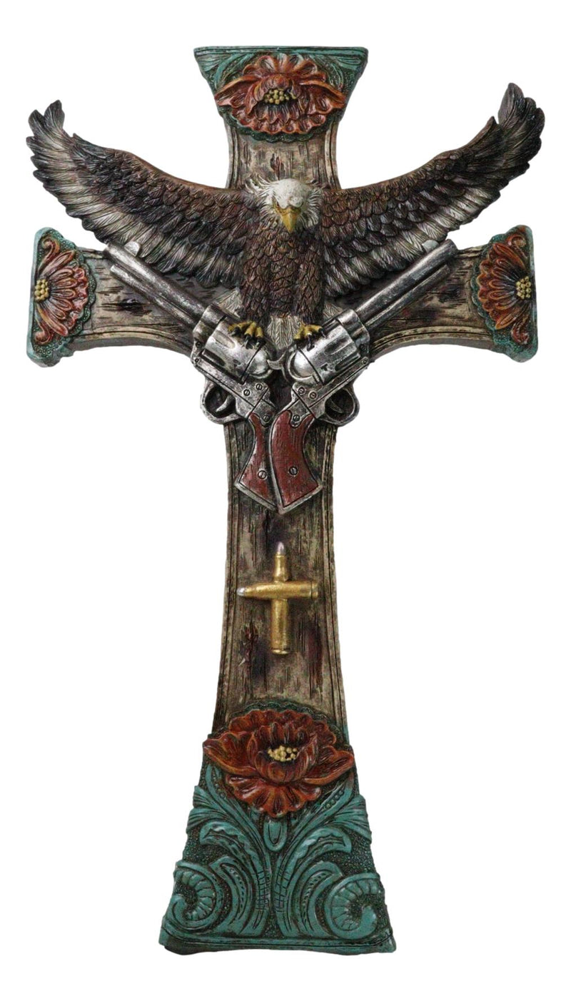 Rustic Western Turquoise Flowers Eagle Dual Pistols Cowboy Faux Wood Wall Cross