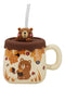 Whimsical Autumn Leaves Brown Bear Cub Ceramic Mug With Silicone Lid And Straw