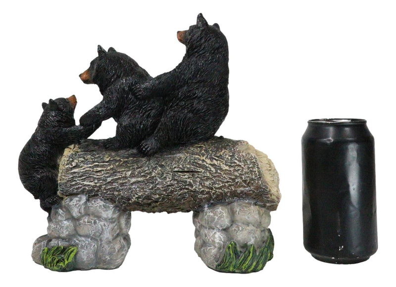 Forest Teamwork Black Bears And Cub Family Crossing Tree Log Bridge Figurine