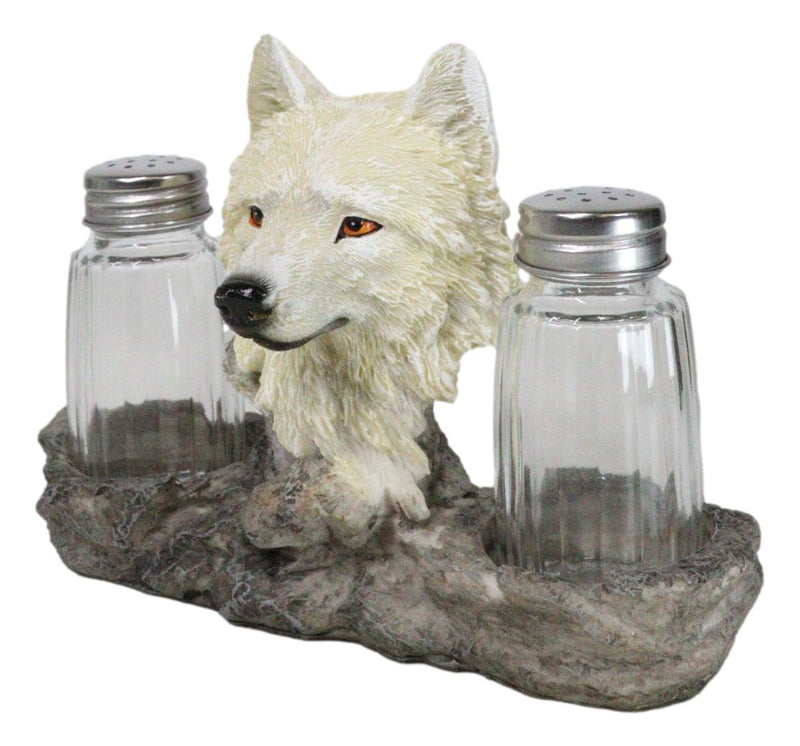 White Wolf Head By Woodlands Forest Glass Salt & Pepper Shakers Holder Figurine