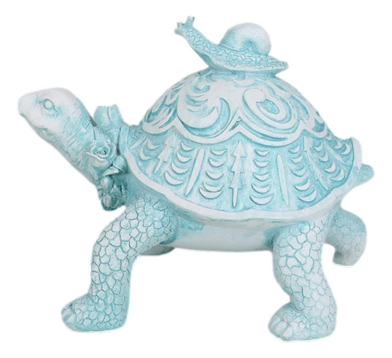 Auspicious Pastel Blue Turtle Tortoise With Patterned Shell And Snail Figurine