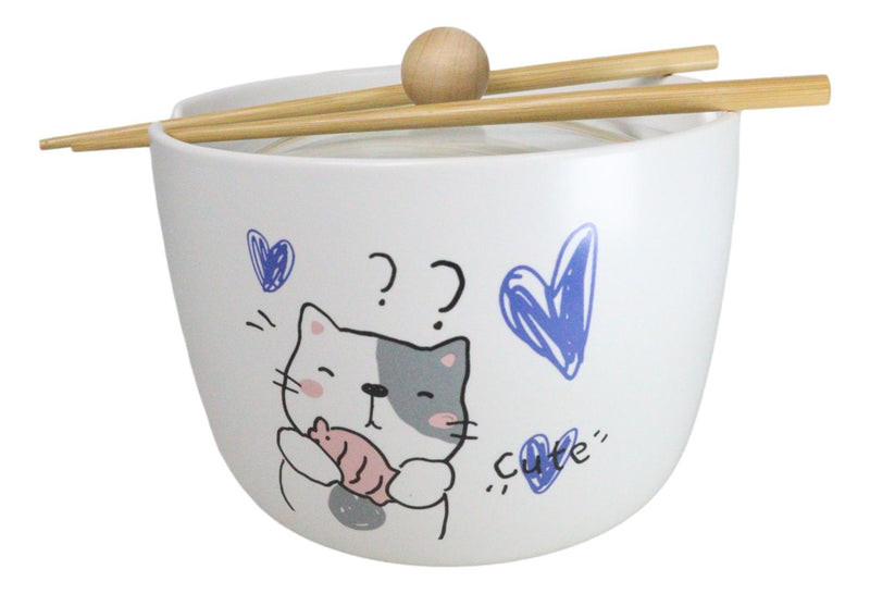 Whimsical Anime Cat With Fish Donburi Ramen Soup Bowl With Chopsticks And Lid