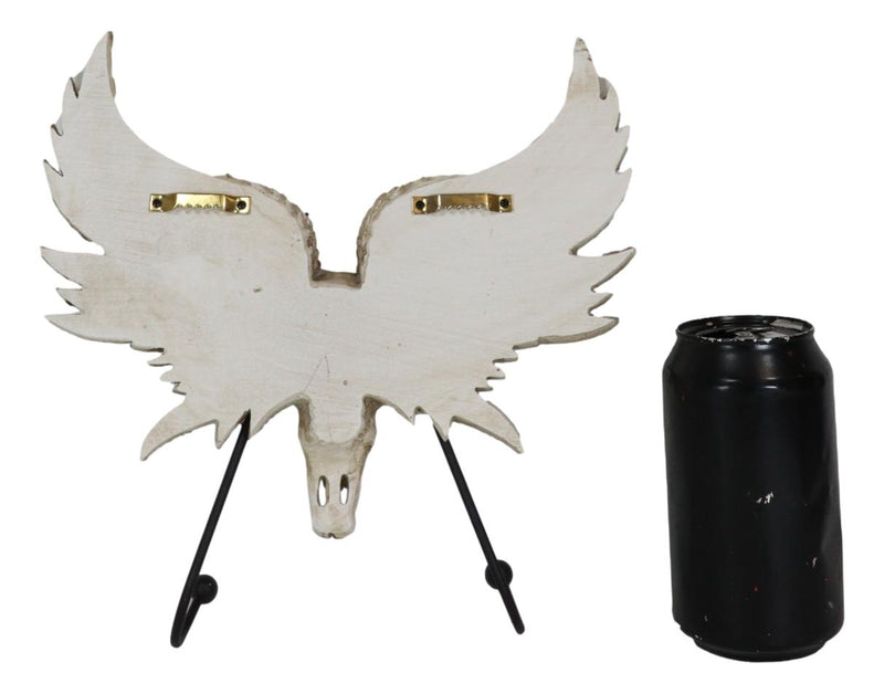 Rustic Western Cow Skull With Horns And Angel Wings Wall Double Hooks Sculpture