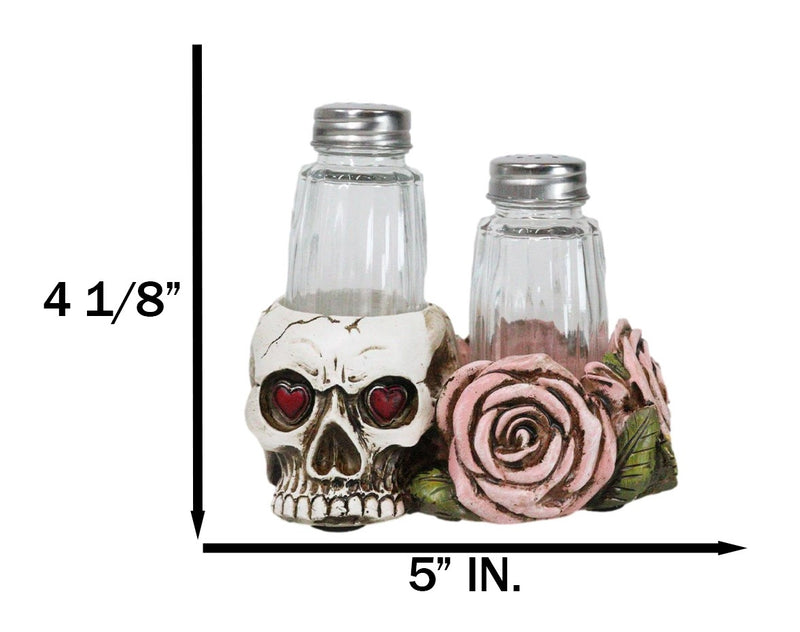 Day Of The Dead Skull With Red Heart Eyes Pink Roses Salt Pepper Shakers Holder