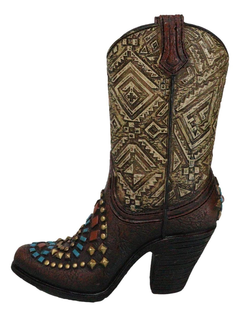 Rustic Western Colorful Aztec Mosaic Patterns Cowgirl Boot Vase Holder Figurine