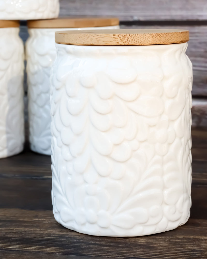 Set of 2 Ceramic White Floral Air Tight Canister Storage Jars Bamboo Lid 20oz