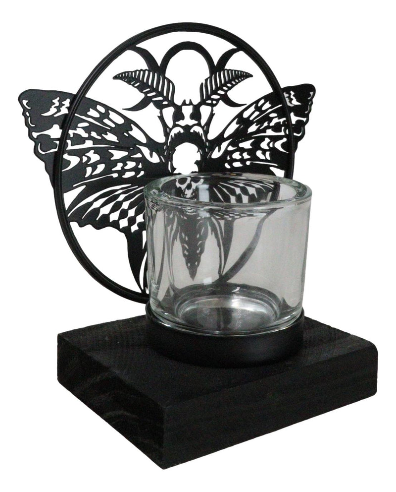 Death's Head Skull Moth Triple Moon Coated Metal Votive Tea Light Candle Holder