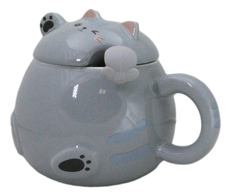 Whimsical Grey Chubby Feline Kitty Cat Cup Mug With Lid And Stirring Spoon