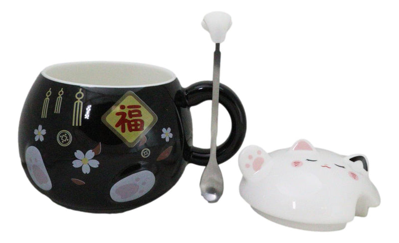 Black Maneki Neko Beckoning Lucky Cat Mug Cup With Kitty Lid And Stirring Spoon