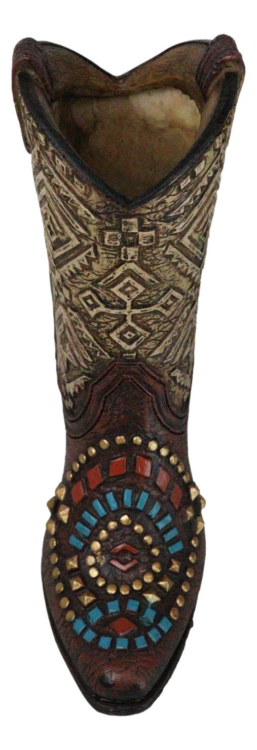 Rustic Western Colorful Aztec Mosaic Patterns Cowgirl Boot Vase Holder Figurine