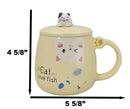 Yellow Calico Cat Love Fish Coffee Mug Cup With Spoon And Kitten Knob Lid 15oz