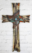 Rustic Western Faux Wood Floral Tooled Leather With Turquoise Rock Wall Cross