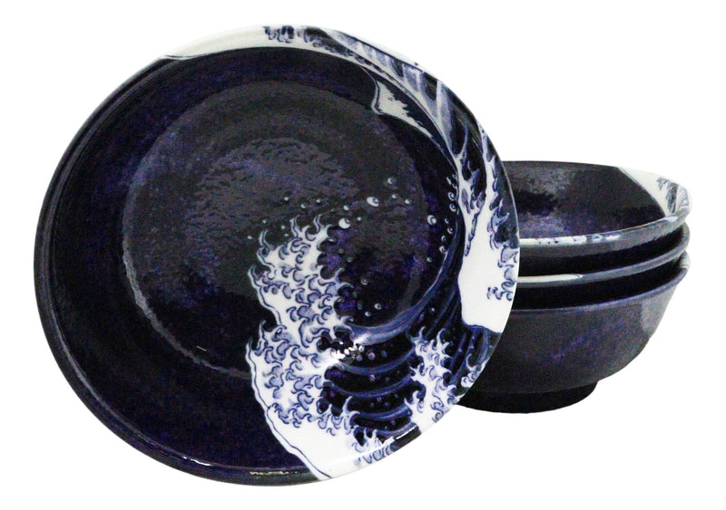 Set Of 4 Blue Japanese Hokusai Great Wave Porcelain Large Ramen Soup Bowls 28oz