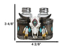 Southwestern Tribal Indian Bison Skull With Feathers Salt Pepper Shakers Holder