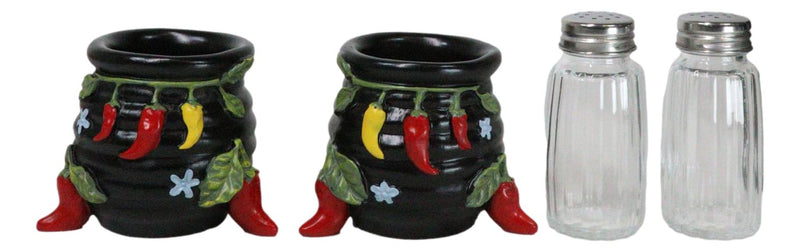 Southwestern Pot Of Chili Peppers Canister Jars Salt Pepper Shakers Holder Set