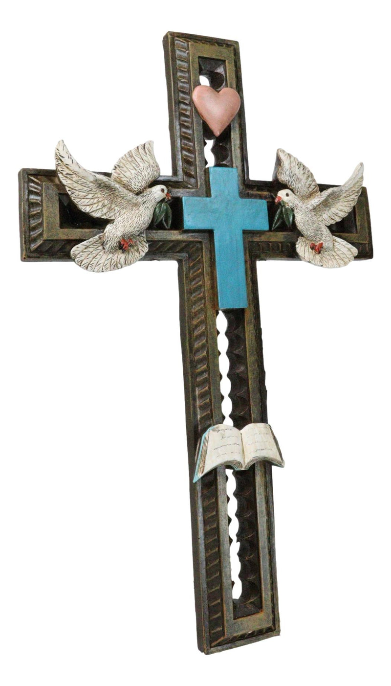 Rustic Turquoise Blue With Holy Bible White Doves Heart Faux Wooden Wall Cross