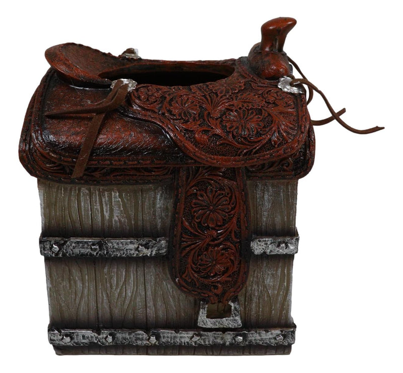 Rustic Western Faux Leather Cowboy Horse Saddle On Crate Tissue Box Holder Cover