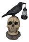 Ebros Edgar Corvus Raven Perching On Rose Skull Statue With Solar LED Lantern Light