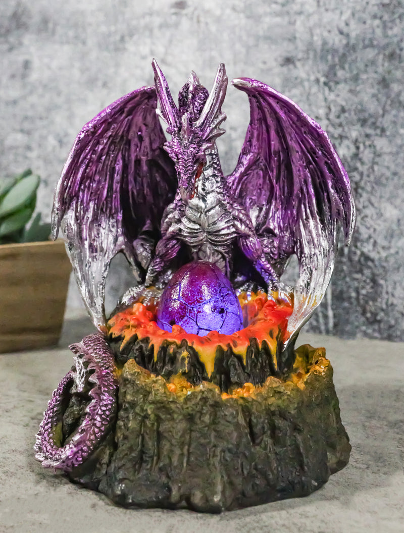 Metallic Purple Silver Volcano Dragon Mother Guarding LED Lighted Egg Figurine