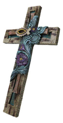 Rustic Turquoise Floral Blooms Ichthys Jesus Fish Symbol Faux Wooden Wall Cross