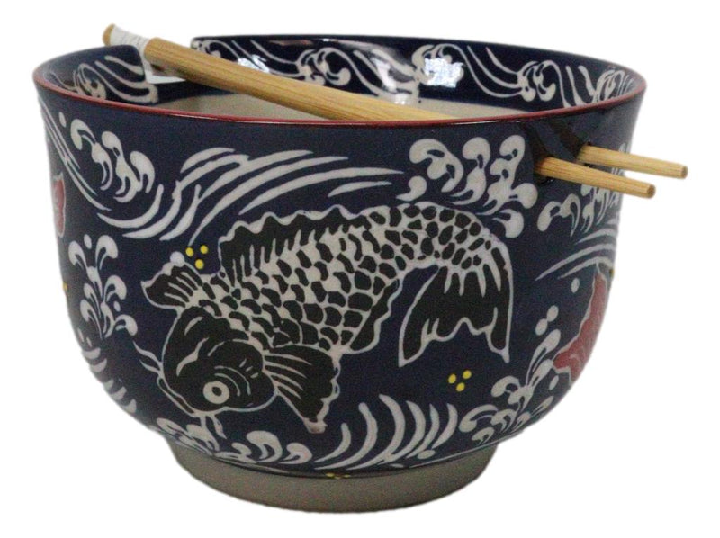 Blue Red And Black Koi Fishes Large 24Oz Donburi Ramen Bowl With Chopsticks Set