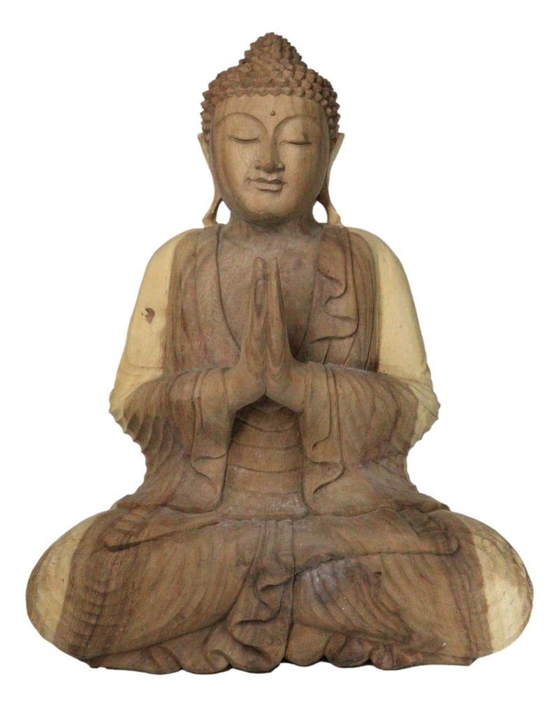 Acacia Wood Large Meditating Buddha Gautama Amitabha In Prayer Statue 21"H