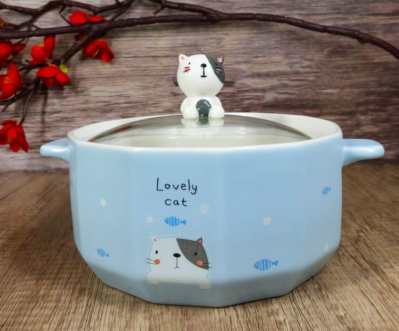 Ceramic Blue Lovely Cat With Fishes 30oz Noodle Dessert Food Bowl W/ Glass Lid