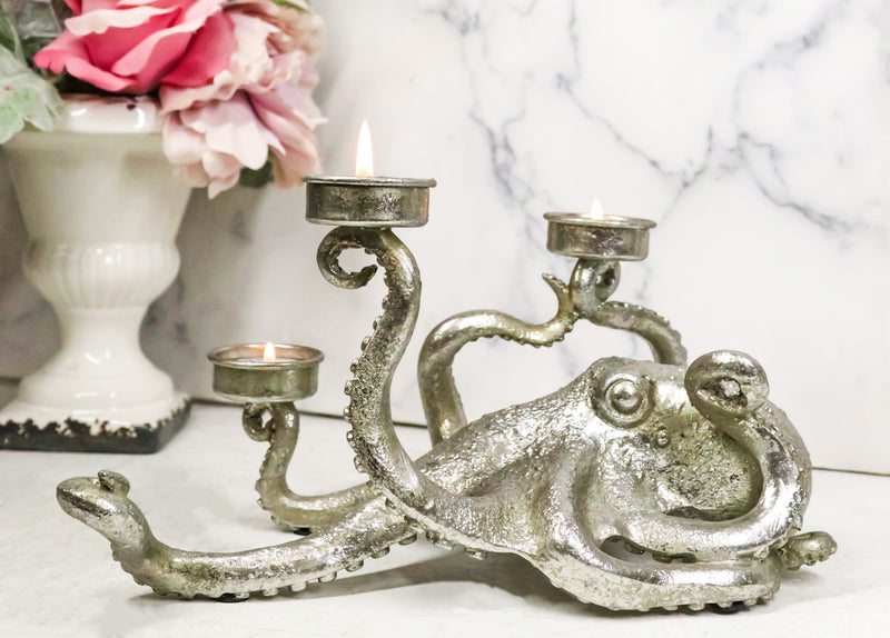 Contemporary Silver Marine Ocean Octopus Tentacles Trio Votive Candle Holder