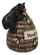 Rustic Forest Black Bear Climbing On Honey Beehive with Bumblebees Figurine